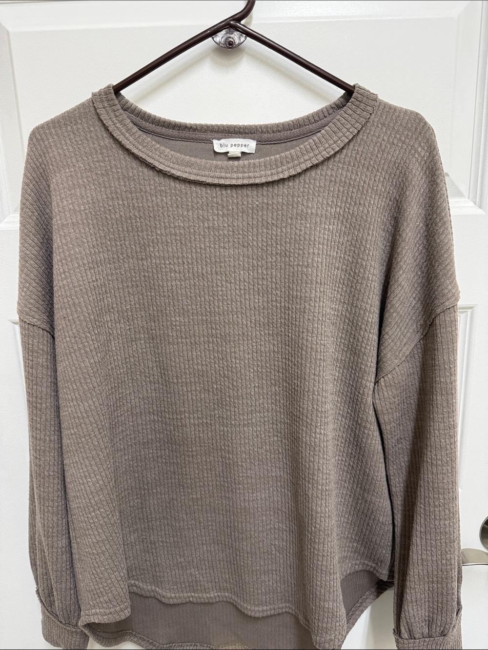Blu Pepper Waffle Knit Scoop-Neck Sweater in Taupe